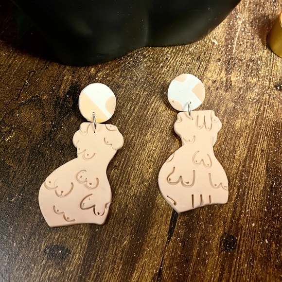 Handmade Clay Earrings | Forms of a Woman Silhouette | Pink Imperfect Pair - Picture 3 of 7